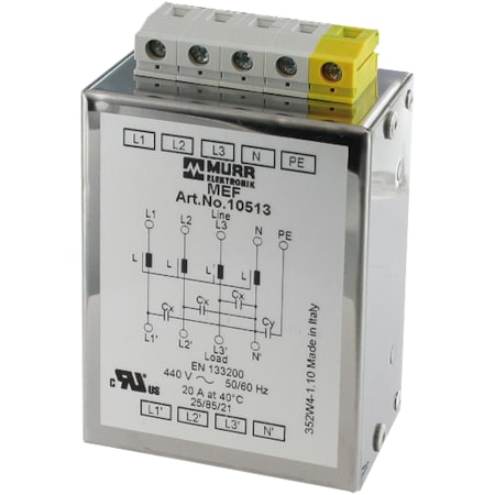 Murrelektronik MEF EMC-FILTER 3-PHASE 1-STAGE WITH NEUTRAL, I:20A U:4x440 VAC snap on 10513